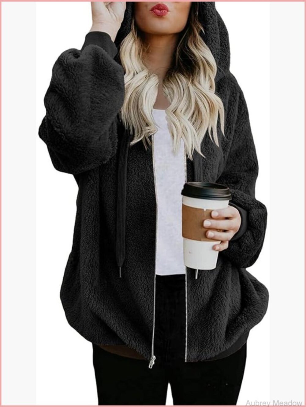 Oversized Fuzzy Sherpa Fleece Zip Up Hoodie Jacket with Pockets